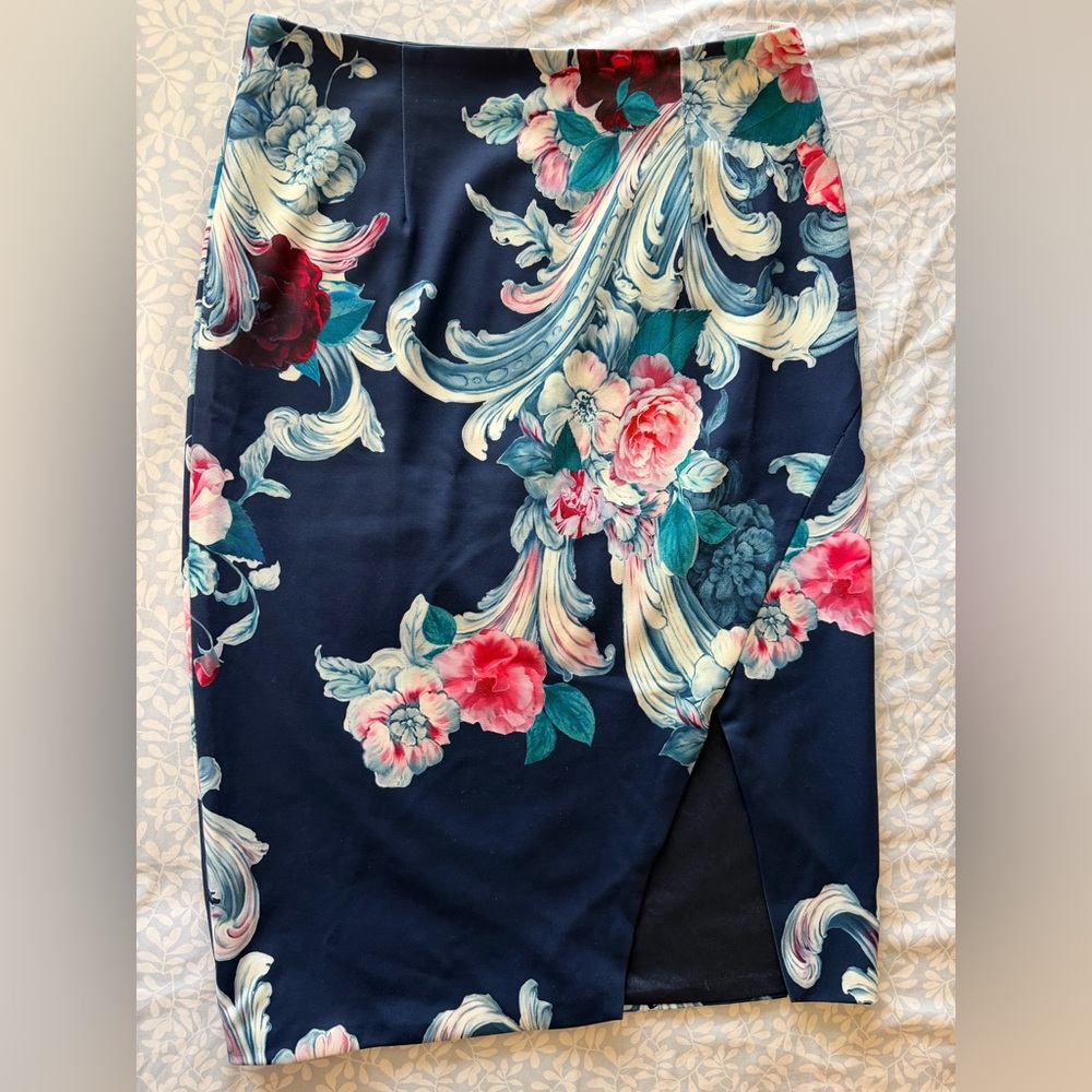 Floral Navy Blue Midi Skirt with front slit
